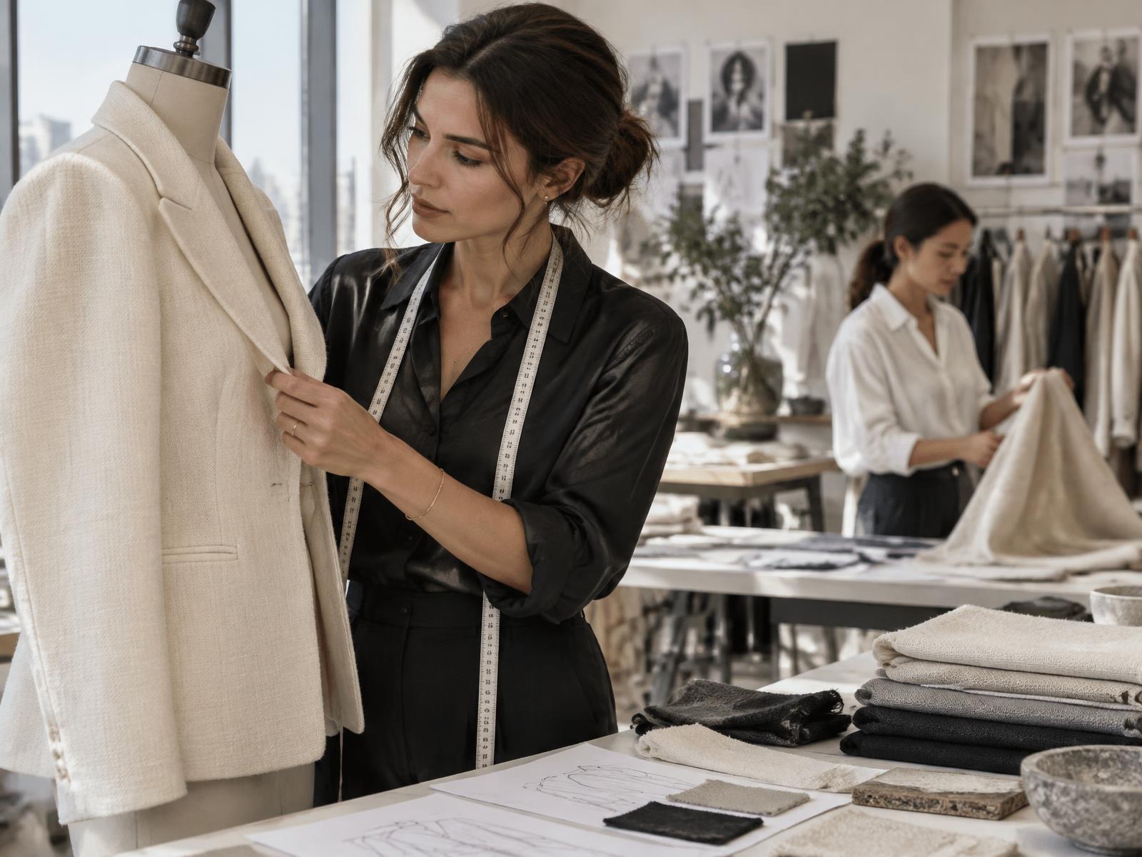Fashion professional inspecting a tailored jacket during product development